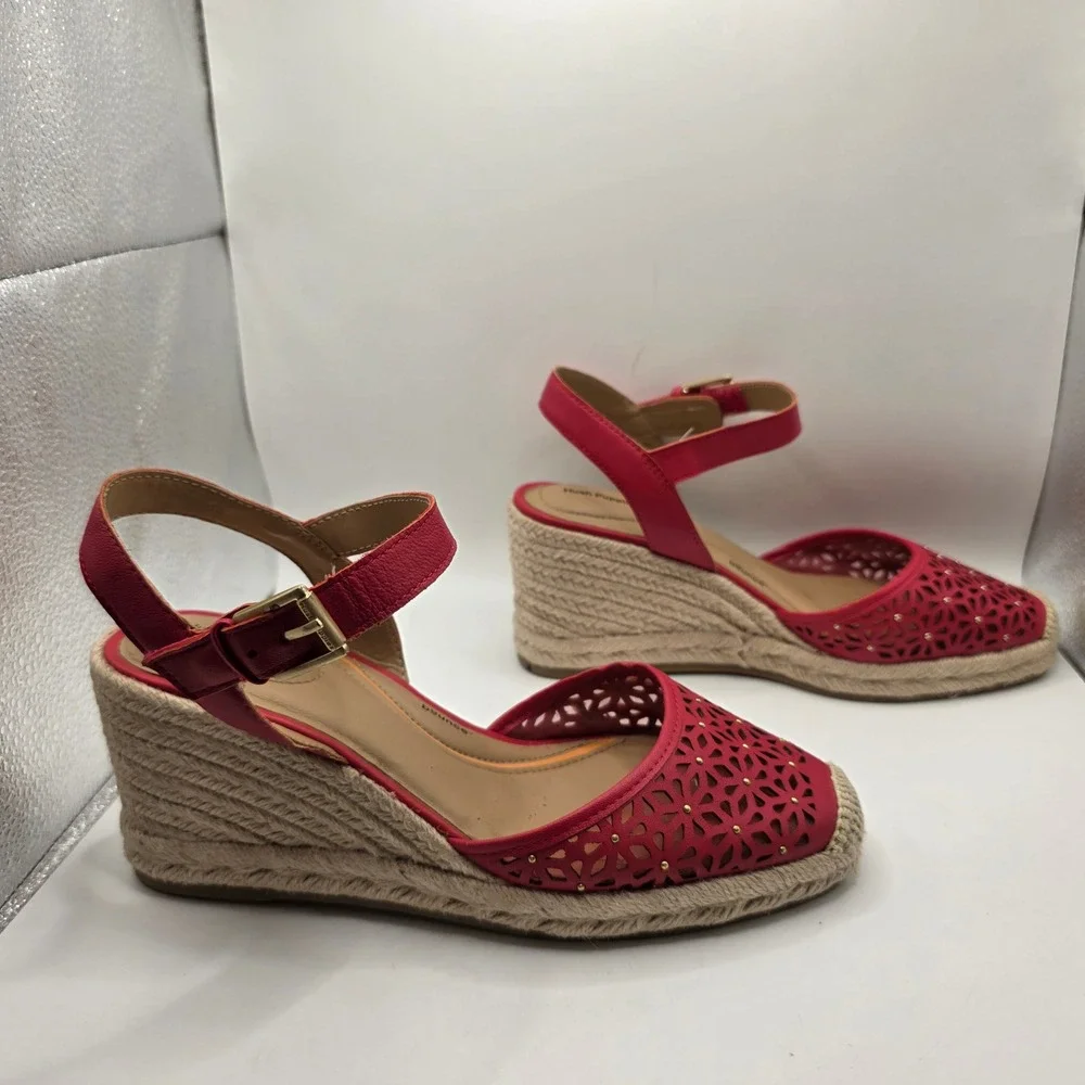 Hush Puppies PW-ROTTIE Red Leather Laser Cut Espadrille Wedge Sandals Women 8.5M